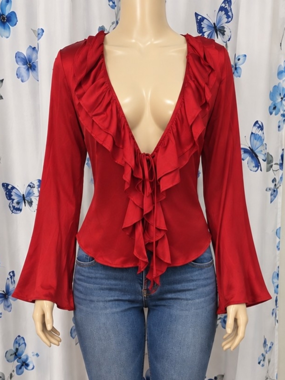 Forever 21 Red Ruffle Tie-Front V-Neck Blouse